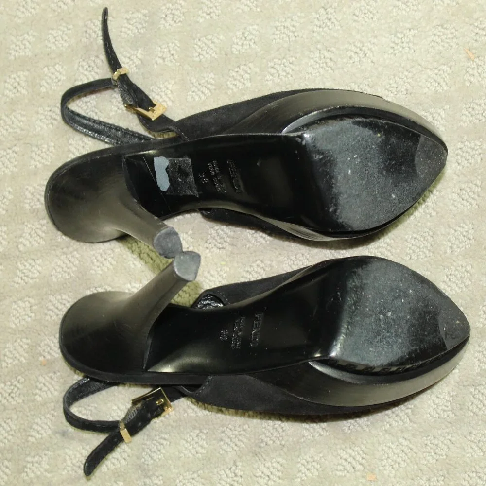 Fendi Black Suede Leather & Ribbon Bow Platform Sling Sandals Size 8 w/ COA